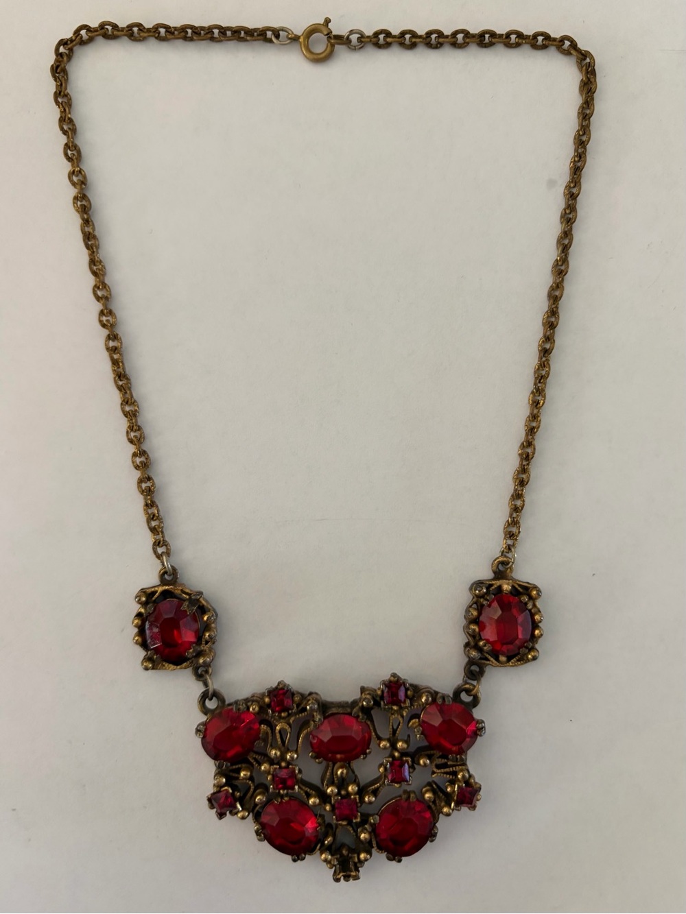 Vintage Art Nouveau Red Crystal Statement Chocker Necklace Gold Tone